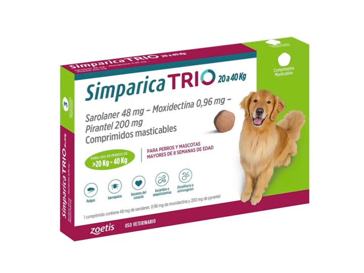 Simparica Trio, 1 Comprimido. Perros de 20 a 40 kilos.