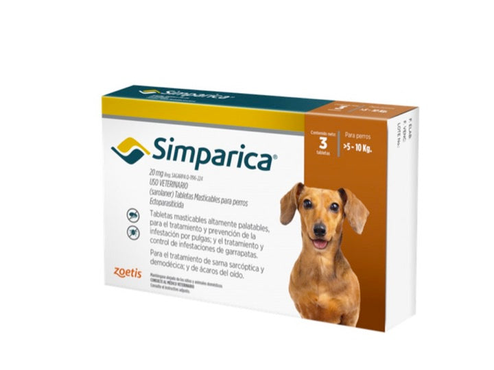 Simparica, Antiparasitario Externo. 3 Comprimidos. Perros de 5.1 a 10 Kilos.