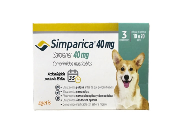 Simparica, Antiparasitario Externo. 3 Comprimidos. Perros de 10 a 20 kilos.